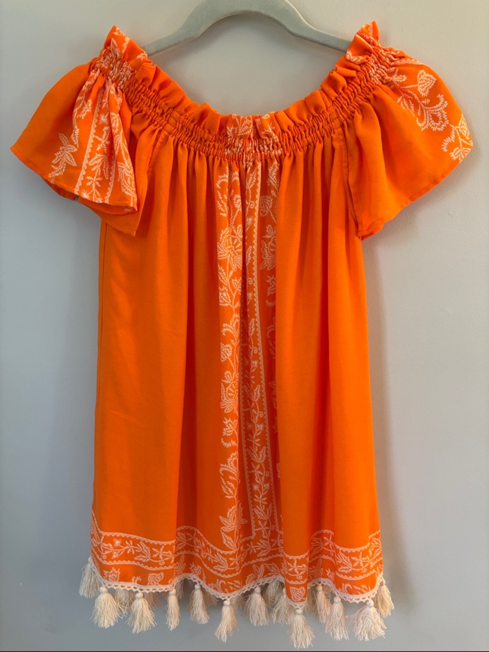 Off-Shoulder Embroidered Tassel Tunic- size M
